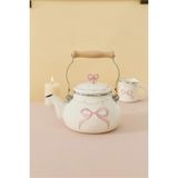 Emaylab Rebel Bow Kurdele Desenli Emaye Vintage Kettle - 2 Litre, Ocağa Koyulabilir, Emaye Su Isıtıcı - Bej