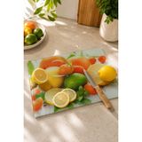 Emba Home Cam Kesme Tahtası 25X35 cm Meyve Desenli Kaydırmaz Ayaklı Dekoratif Sunum ve Kesim Tahtası - 25 x 35 cm