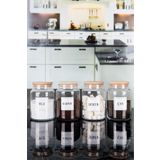 emdeco 4'lü Ahşap Kapaklı Etiketli Çay Şeker Kahve Tuz Cam Kavanoz Saklama Kabı 800 mL