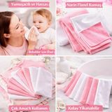 Emifa Emira Tasarım Premium 10'lu Bebek Ağız Mendili & Emzirme Örtüsü %100 Organik Pamuk - Pembe - Beyaz - 0 - 6 Yaş