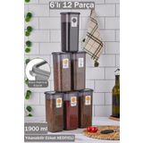 Emilia 6'li 12 Parça Kare Erzak ve Bakliyat Saklama Kabı Antrasit 6x1.90 Lt Bakliyat Kabı Etiketli