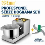 Emir Profesyonel Sebze Doğrama Seti 13 Litre 4 Bıçaklı | Soğan Doğrama Lahmacun Içi Hazırlama Makinesi + Orijinal 4'lü Yedek Bıçak - Inox