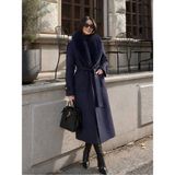 Emmas Clothing Kürk Yaka Detaylı Kuşaklı Uzun Kaşe Kaban - XL - Lacivert