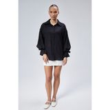 Emmas Clothing Oversize Büzgü Detaylı Saten Bluz Gömlek - 0-Siyah