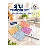Emoev 2'li Temizlik Seti - 180° Döner Başlıklı Cam & Tezgah Çekçeği + 5'li Mikrofiber Temizlik Bezi (30x30 cm)