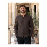 EMPEROR APPAREL Erkek Koyu Kahverengi Uzun Kollu Armürlü Hakim Yaka Müslin Gömlek