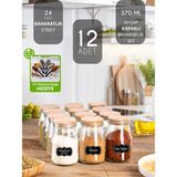 Empressco 12'li 370 ml Cam Baharatlık Seti, Vakumlu Ahşap Kapak ve Hediyeli - 1 lt