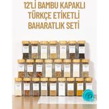 Empressco 12’li Bambu Kapaklı Kare Cam Baharatlık Seti, Etiket Hediyeli, Şık ve Pratik - Ahşap - 1 lt