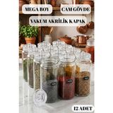 Empressco 12’li Büyük Boy Cam Baharatlık Seti, Vakum Kapaklı, 500 ml - Ahşap - 1 lt