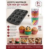 Empressco 2’li Muffin Seti, 12 Gözlü Kalıp ve 100 Renkli Muffin Kağıdı - Seçenek 1 - (ClearEyelets)Black-RadiantOrchid