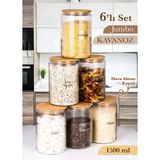 Empressco 6’lı Cam Kavanoz Seti, Bambu Vakum Kapaklı, Çizgili, 1,5l, Saklama Kabı - Altın - 1,3 lt
