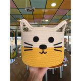 Empressco Kedi Figürlü El Yapımı Örgü Sepet – %100 Pamuk Oyuncak ve Dekoratif Sepeti (22X16 Cm, Sarı-Beyaz)