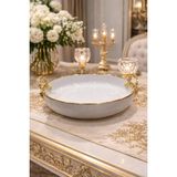 Empressco Porselen Sunumluk Altın Yaldızlı Metal Kulplu Meyvelik Salata Kasesi Sunum Tabağı 24 cm - Seçenek 1 - Ahşap - Bej - Siyah