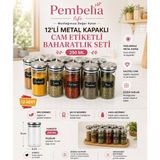Empressco Şık 12'li Cam Kavanoz Baharatlık Seti, 250 Ml, Metal Kapaklı - Ahşap - 1 lt