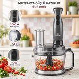 Emsan Karaca Çok Amaçlı 2000 W Mutfak Robotu, 1,5 L Hazne, Ikili Çelik Mikser Ucu, Çift Taraflı Doğrama Bıçağı, Turbo Fonksiyonu ve Paslanmaz Çelik Blender Ayağı + Tartı - Gri