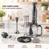 Emsan Karaca Doğrama, Çırpma, Rendeleme ve Dilimleme Için 2000 W Mutfak Robotu, 800 ml Karıştırma Kabı, Buz Kırma Bıçakları ve Çıkarılabilir Aksesuarlar - Gri