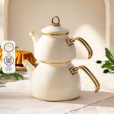 Emsan Retro Emaye Çaydanlık Takımı 1.1 Lt - 2.3 Lt Krem Renkli Dayanıklı ve Şık Tasarım