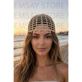 Emsay Store Terletmeyen Pamuklu %100 El Yapımı Örgü Bohem Simli File Yazlık Bere, Crochet Şapka, Toka Plaj Saç Aksesuarı