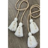 Emtory 2 Adet Set | Boho Doğal Ahşap Beyaz Püsküllü Perde Süsü 120 cm - Braçols