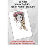 Emtory Home 50 Adet Çiçek Taçlı Kız Tebrik Kartı - Toka Kartı - Kuşe Kart -Teşekkür Kartı - Tebrik Kartı