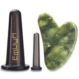 Emuya Gua Sha yüz çekme seti, yüz ve boyun için, Guasha yüz aletleri, yaşlanma karşıtı yüz çekme seti, gerçek yeşim Gua Sha taşı ve 2 farklı ölçüde silikon kupa, şekillendirme, kontur çenesi, parlak cilt