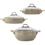 EMY2402 Emaye 6 Parça Tencere Seti | Gri Vintage Güveç Model | Cam Kapaklı 16-20-22 cm Tencere T - Çok Renkli