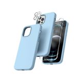 Emybox Iphone 12 Pro Silikon Içi Kadife Telefon Kılıfı Çentikli Ekran Koruyucu Kamera Koruyucu 3Lü Set,Mavi Tek Ebat