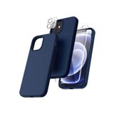 Emybox İphone 12 Uyumlu Silikon Içi Kadife Telefon Kılıfı Çentikli Ekran Koruyucu Kamera Koruyucu 3Lü Set,Lacivert Tek Ebat