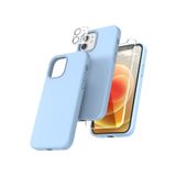 Emybox Iphone 12 Uyumlu Silikon Içi Kadife Telefon Kılıfı Çentikli Ekran Koruyucu Kamera Koruyucu 3Lü Set,Mavi Tek Ebat