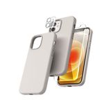 Emybox Iphone 12 Uyumlu Silikon Içi Kadife Telefon Kılıfı Çentikli Ekran Koruyucu Kamera Koruyucu 3Lü Set,Taş Gri Tek Ebat