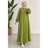 EMZEYN Pamuklu Müslin Tesettür Elbise 145 cm Oversize Düğmeli Salaş Yazlık Elbise Haki Yeşil
