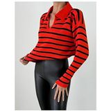 En Moda Kadın Polo Yaka Turuncu Çizgili Triko Kazak Uzun Kol Klasik Stil - Standart
