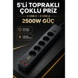 EN SİGA Pro Topraklı 5'li Çoklu Priz 2 USB-C 2 USB-A Çıkışlı 2500W Anahtarlı Uzatma Prizi