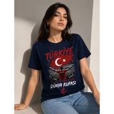 Enb1r Moda Dünya Kupası Türkiye Baskılı Lacivert Unisex Tek Millet Tek Yürek Futbol Taraftar T-Shirt - XL