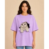 Enb1r Moda Kadın Beyaz Oversize Kedi Baskılı Basic Tişört Yırtık Efektli Cute Cat - Mor