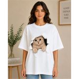 ENB1R MODA Kadın Beyaz Oversize Kedi Baskılı Basic Tişört Yırtık Efektli Cute Cat