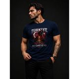 Enb1r Moda Türkiye Taraftar Tişörtü Unisex Ay Yıldız Bozkurt Baskı Detaylı Bej Premium T-Shirt - Lacivert - 2XL