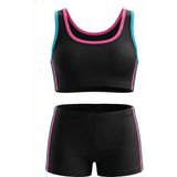 Endeep Kız Çocuk Siyah-Pembe Bustiyer Şortlu Yüzücü Mayo Bikini Takımı - 9 - 10 Yaş