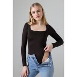 Endies Kare Yaka Uzun Kollu Altı Külotlu ve Çıt Çıtlı Kadın Atlet - T-Shirt 21940 Kahve - M