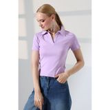 Endies Relax Fit Rahat Kesim Pamuklu Ribana Gömlek Yaka Kısa Kol Basic Kadın Tshirt 22023 AÇIK LİLA