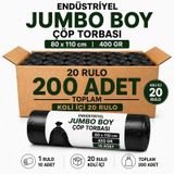 Endüstriyel Jumbo Boy Çöp Torbası 80x110 Cm 400 Gr 20 Rulo 200 Adet Ekstra Kalın Siyah Çöp Poşeti