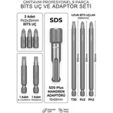 Endüstriyel Ümit Yapı Market 9 Parça Bits Uç Seti: Sds Adaptör, 150MM Uzun Ph2 Pz2 T30 Vidalama Ucu