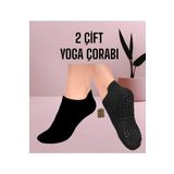 Enefendi 2 Çift Yoga Pilates Tavaf Dikişsiz Çorap Kadın Kaymaz Taban Pamuklu Silikon Baskılı Siyah