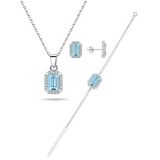 Enesstore 925 Ayar Aquamarin Taşlı Baget Gümüş Kolye Küpe Bileklik Set