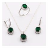 Enesstore 925 Ayar Gümüş Yeşil Zirkon Taşlı Yuvarlak model Bayan Set