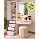ENG AHŞAP Aras Aynalı Makyaj Masası Beyaz MDF 5 Raflı Çok Amaçlı Takı Dolaplı Şifonyer
