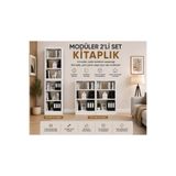 ENG AHŞAP Modüler 2'li Set Kitaplık Beyaz MDF 190x51x24 cm Çok Amaçlı Raflı Kitaplık Çalışma Odası Salon Ofis Kitaplığı