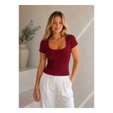 Enga Vera Kadın Kare Yaka Modal Likralı Kısa Kollu Slim Fit Bluz