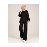 Enha Wear Kadın Siyah Önü Nervürlü Bol Paça Modal Kumaş Yüksek Bel Toparlayıcı Pantolon Tayt & Oversize Tesettür Tunik İkili Takım