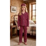 Enie Anne-Kız Çocuk Bordo Pamuklu Kalp Desenli Uyku Gözlüklü Pijama Takımı